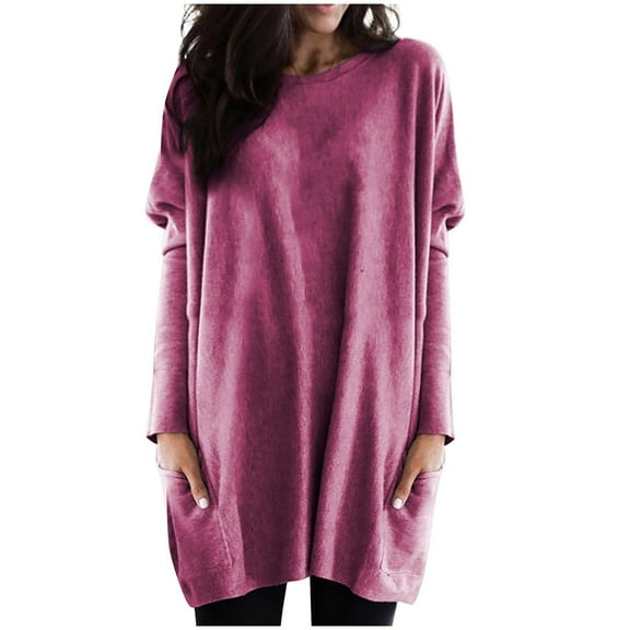 Womens Tops Round Neck Long Sleeve Tops Plus Size Lightweight Sweatshirts Loose Casual Blouses With Pockets Polyester Nylon Fiber Blend Stretchy Soft 2Xl Sweaters For Women
