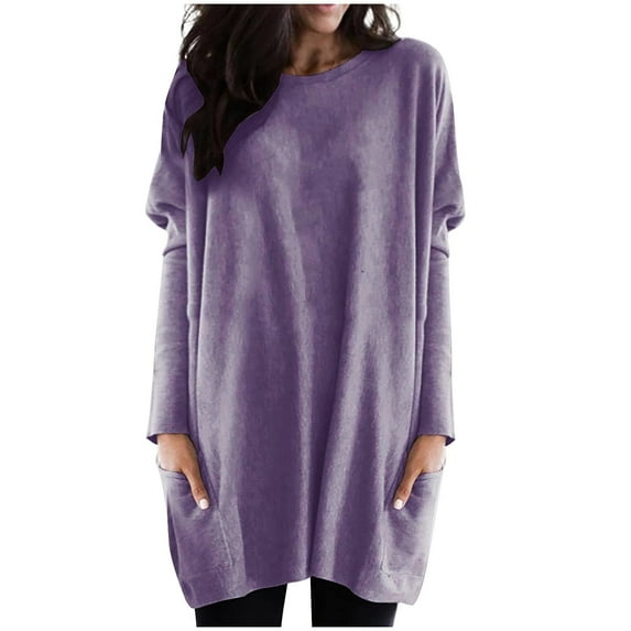 Womens Tops Round Neck Long Sleeve Tops Plus Size Lightweight Sweatshirts Loose Casual Blouses With Pockets Polyester Nylon Fiber Blend Stretchy Soft 2Xl Sweaters For Women