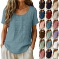 thumbnail image 1 of Womens Tops Round Neck Short Sleeve Cotton Linen Shirt with Embroidered Patterns Bohemian-Style for Everyday Summer Vacations Wear, 1 of 8