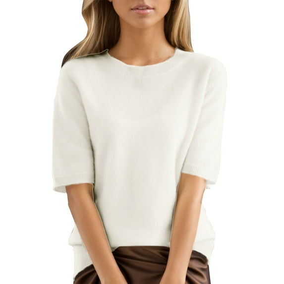 Womens Tops Round Neck Short Sleeved Loose T Shirt With Knit Bottom Knitting Cotton Fabric Soft Comfortable Easy To Match With Jeans Leggings M Sweaters For Women