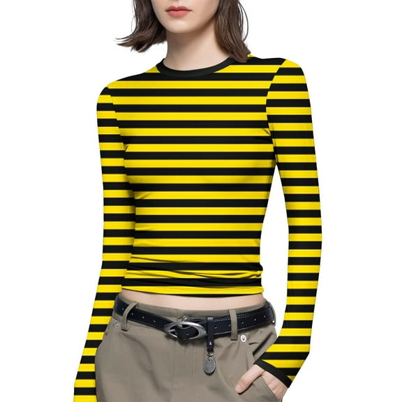 Womens Tops Round Neck Striped Print T-Shirt Long Sleeve Casual Loose Tees Slim Fitting Basic Blouses Tops,Yellow,M