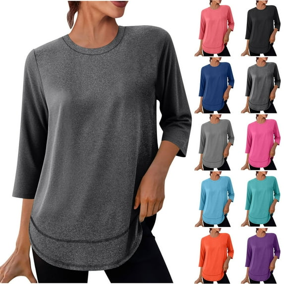 Womens Tops Round Neck Summer Dark Gray 3/4 Sleeve Sunscreen Sport Quick Dry Solid Color Fashion Outfits Clothes Loose Fit S