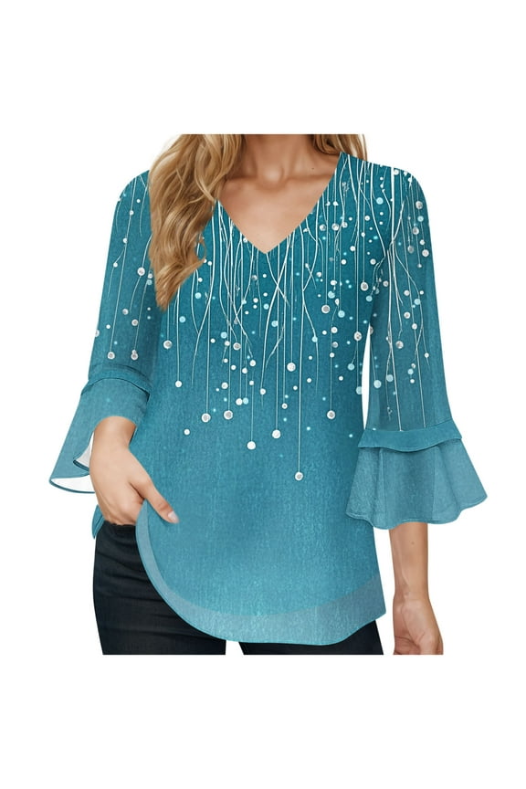 Womens Tops Ruffle 3/4 Sleeve V-Neck Floral Pritned Dressy Casual Chiffon Blouses Tops