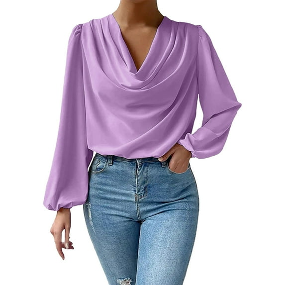Womens Tops Ruffle Folds V Neck Long Sleeve Chiffon Shirt Loose Casual Style Soft Breathable Fabric Perfect For Dating/Work/Holidays 2Xl Sweaters For Women