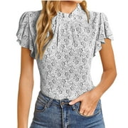 Womens Tops Ruffle Short Sleeve Casual Tshirt Top Mock Neck Trendy Tunic Tees Ladies Sexy Lace Slim Comfy Blouse