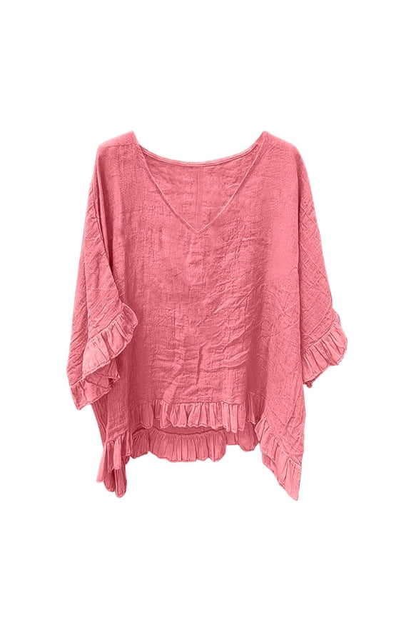 Womens Tops Ruffled Hem 3/4 Length Sleeve Flowy V Neck Blouses Lightweight Basic Tee Shirts for Loungewear