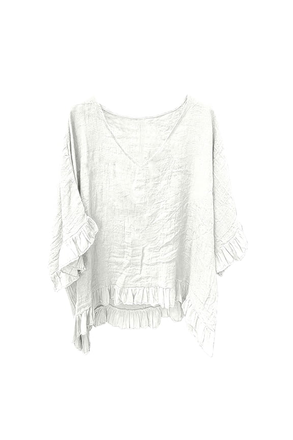 Womens Tops Ruffled Hem 3/4 Length Sleeve Flowy V Neck Blouses Lightweight Basic Tee Shirts for Loungewear