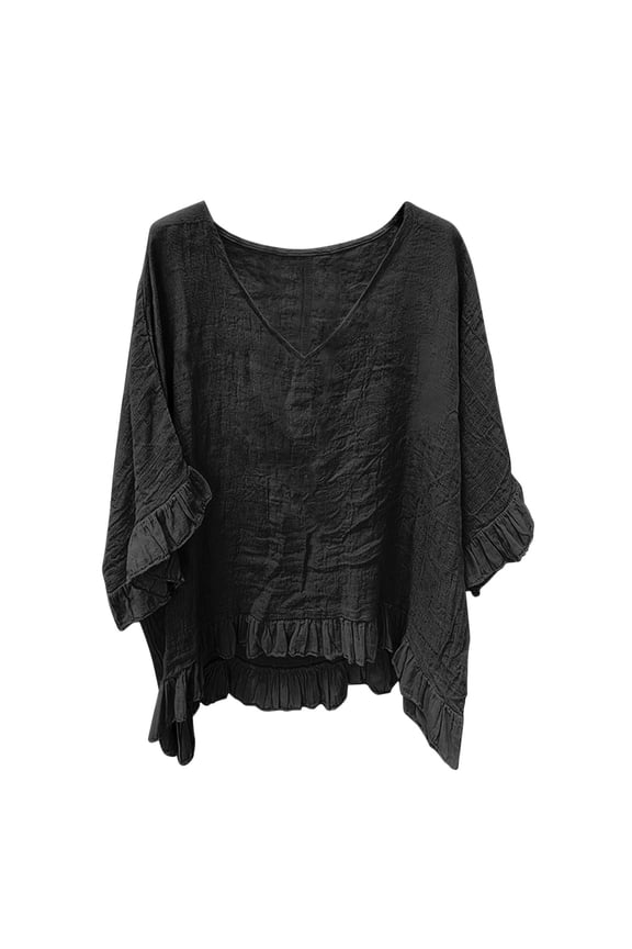 Womens Tops Ruffled Hem 3/4 Length Sleeve Flowy V Neck Blouses Lightweight Basic Tee Shirts for Loungewear