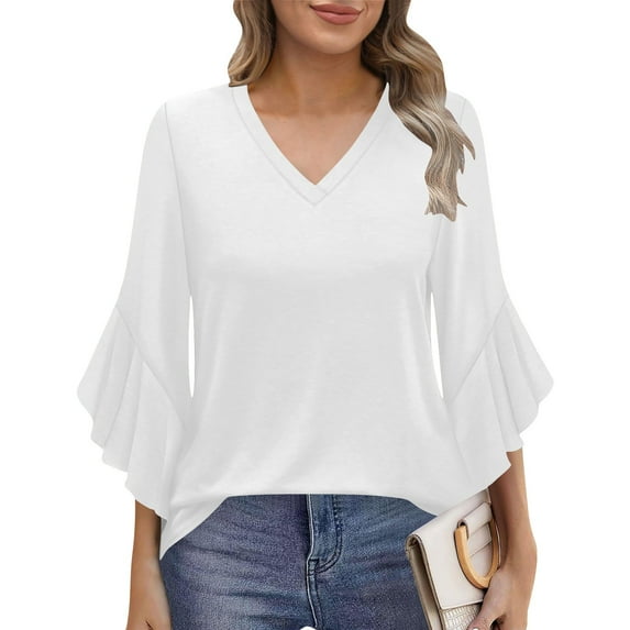 Womens Tops Ruffles Lace Sleeve V-neck Loose Solid Color Casual T-shirt White M