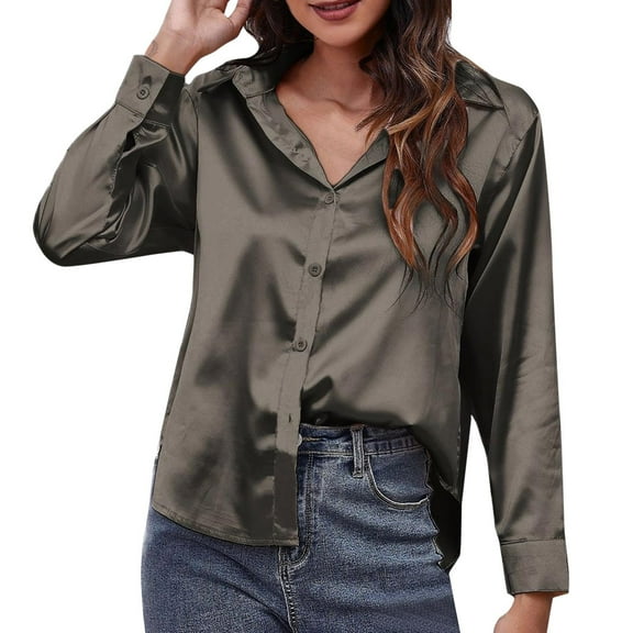 Womens Tops Satin Satin Imitation Silk Long Sleeved Button Down Blouse Shirts for Women