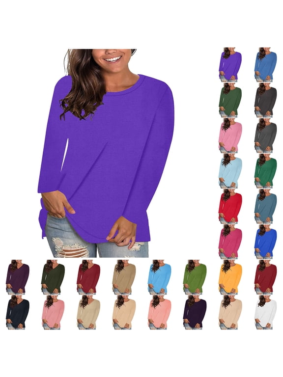 Womens Tops Sawvnm Women's Fashion Solid Loose Long Sleeve T-shirt Pullover Tops