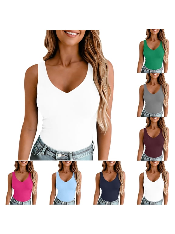 Women's Double Lined V Neck Tank Tops Summer Slim Fit Basic Sleeveless Shirts Cute Trendy Going Out Tops