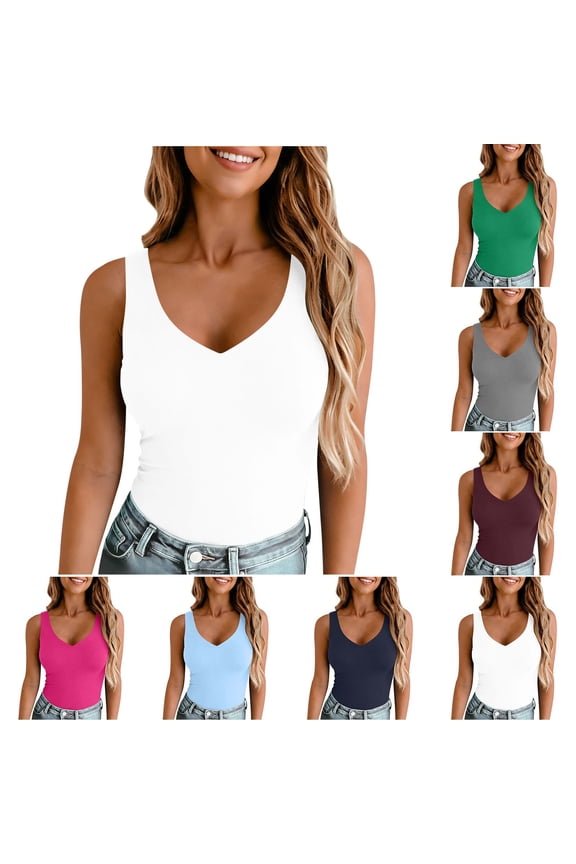 Women's Double Lined V Neck Tank Tops Summer Slim Fit Basic Sleeveless Shirts Cute Trendy Going Out Tops