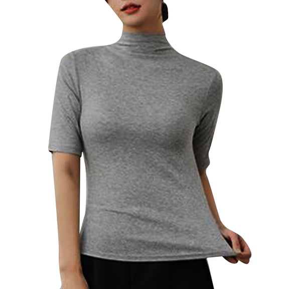 Womens Tops Semi Turtleneck Thermal Slim Fit Short Sleeve Stretch Womens Tee,Silver,M