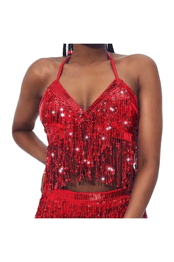 Womens Tops Sequin Bra Tassel Halter Top Sleeveless Belly Dance Casual Basic Tank Top for Spring Summer A Size Tank Tops for Women