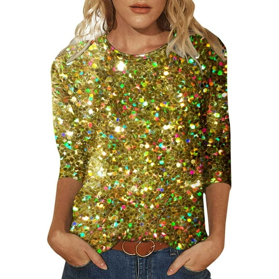 Womens Tops Sequin Casual Printed Round Neck Loose Sleeved Quarter Sleeved Oversized Tshirts for Women Yellow XXL