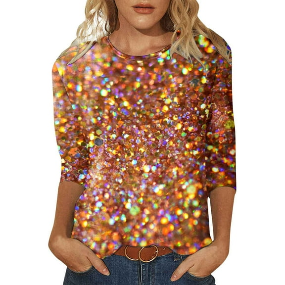 Womens Tops Sequin Casual Printed Round Neck Loose Sleeved Quarter Sleeved Shirts for Women Orange XXL
