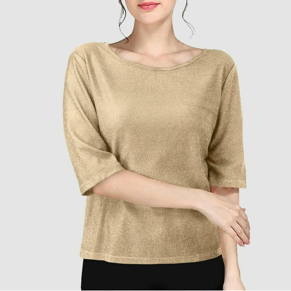 Womens Tops Sequin Round Neck Casual Pullover Shirt Tops for Women Half Sleeve Fashion Tunics Comfy Loose Fit Blouses Shirts for Women