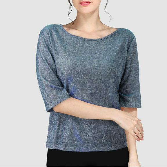 Womens Tops Sequin Round Neck Casual Pullover Shirt Tops for Women Half Sleeve Fashion Tunics Comfy Loose Fit Blouses Shirts for Women
