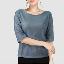 Womens Tops Sequin Round Neck Casual Pullover Shirt Tops for Women Half Sleeve Fashion Tunics Comfy Loose Fit Blouses Shirts for Women