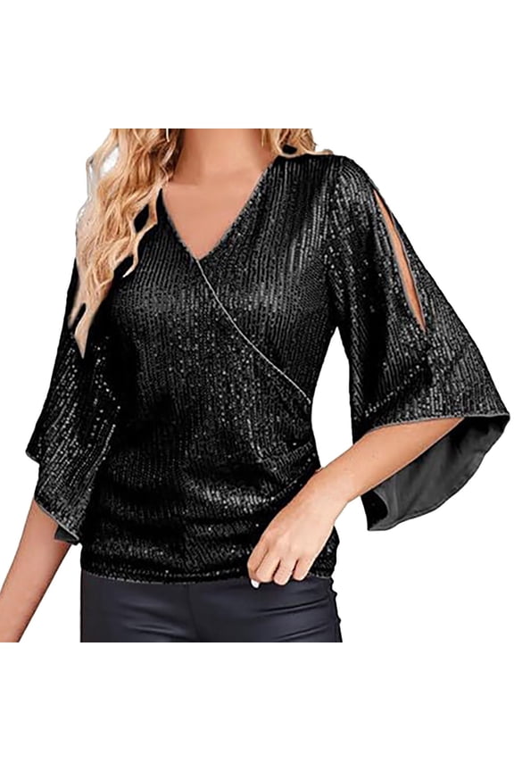 Womens Tops Sequin Tops 3/4 Sleeve Glitter Sparkly Blouse V Neck Tops For Evening Blouses For Women