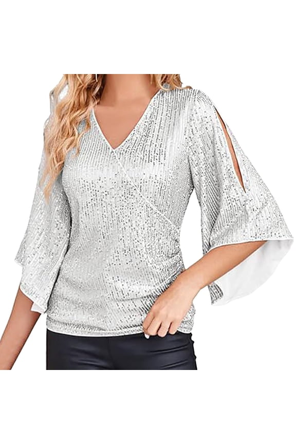 Womens Tops Sequin Tops 3/4 Sleeve Glitter Sparkly Blouse V Neck Tops For Evening Blouses For Women