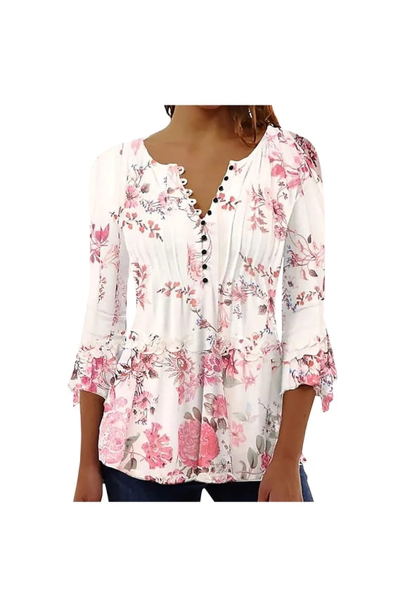 Womens Tops Seven Minutes Of Bell Sleeve V Neck Pressed Pleated Solid Color Button T Shirt on Sale