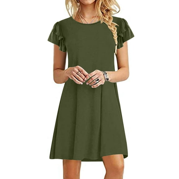 Sevevn Women's Mini Dresses Summer Casual Ruffle Short Sleeve Cute Round Neck Flowy Dress With Pockets