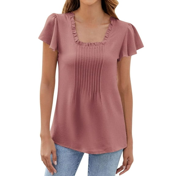 Summer Tops For Women Sevevn Women's Solid Color Square Collar Ruffled T-shirt Tops Short Sleeve Blouse Shirts For Women