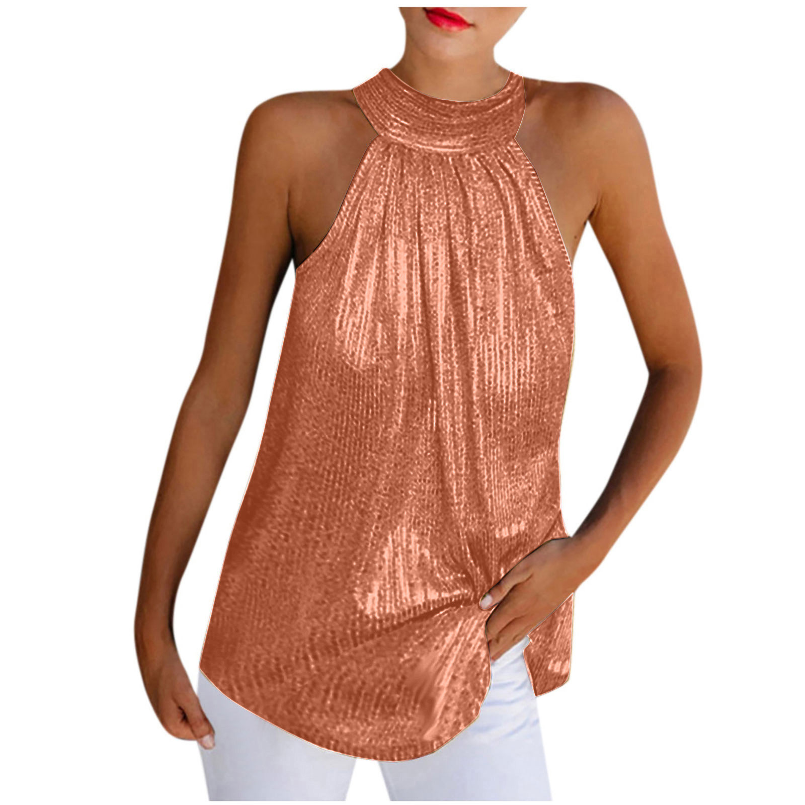 Womens Tops Sexy Off Shoulder Halter Neck Tops Dressy Casual Sleeveless Solid Color Pleated Vest Top Summer Tshirt Tops Solid Colour Round Neck