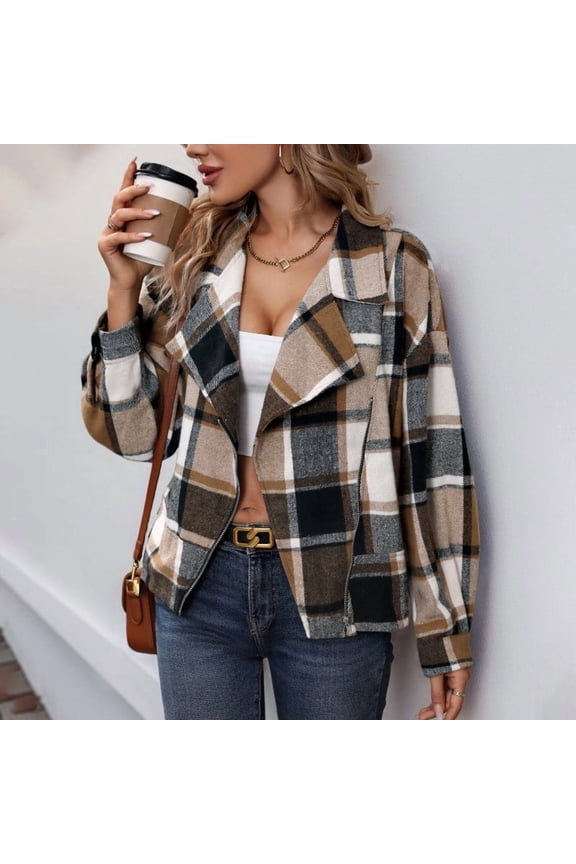 Womens Tops Shacket Lapel Plaid Zipper Flannel Winter Shirt Long Sleeve Lapel Shacket Coat Khaki S,Blouse for Women