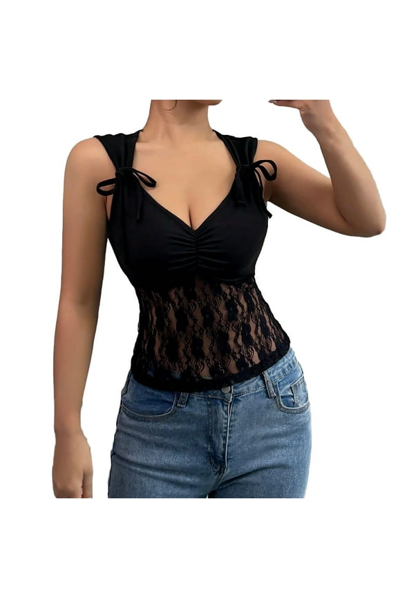 Womens Tops, Sheer Lace Tank Tops for Women Ruched V Neck Sleeveless See Through Casual Going Out Camisole Shirts