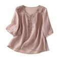 thumbnail image 1 of Womens Tops Shirt Linen V Neck Embroidery New Loose Literary Ladies Clothing, 1 of 8