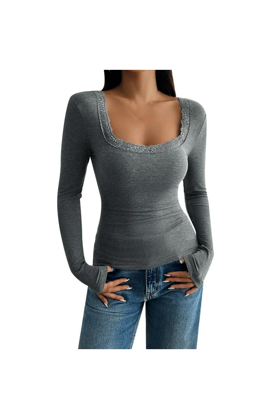 Womens Tops Shirt Square Neck Lace Trim Cropped Slim Fit Low Cut Long Sleeve Lace Patchwork Plus Size Womens Clothing