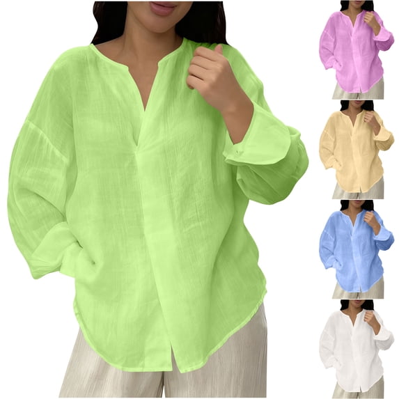 Womens Tops Shirts 2026 Fashion Plus Size Long-Sleeved Casual Button-Up V-Neck Regular Top Shirt