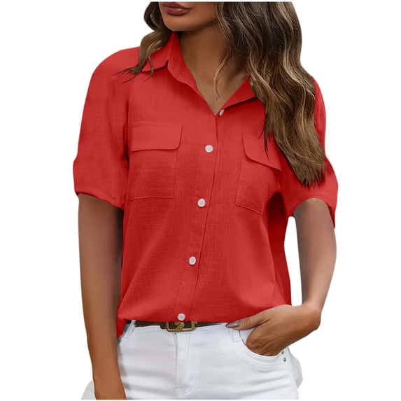 Womens Tops Shirts 2026 Plus Size Fashion Solid Color Double Pocket Blouses Short Sleeve Button-Up Turndown Collar Casual Top