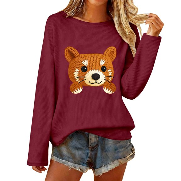 Womens Tops Shirts Animal Knit Sweatshirts Raglan Knitwear with Adorable Character Embroidery Lightweight Yet Warm Women Tees Blouses L