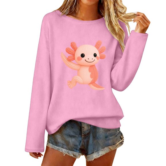 Womens Tops Shirts Animal Motif Sweat Knit Pullover with Design without Hood Women Tees Blouses Pink M