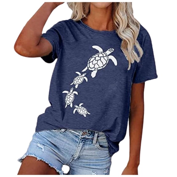 Womens Tops Shirts Casual Sea Turtles Printing Crew Neck Short Sleeve Fall Clothes for Women Tees Blouses Dark Blue Size XL