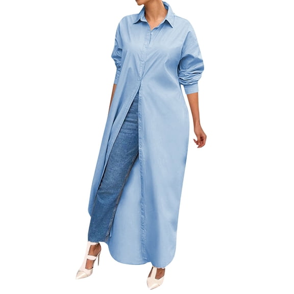 Womens Tops Shirts Fashion Casual Loose Long Sleeve Button Solid Color Coat Women Tees Blouses Sky Blue M