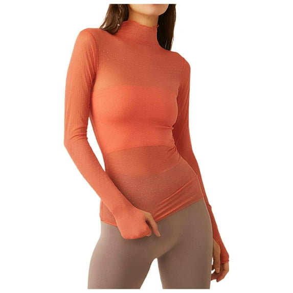 Womens Tops Shirts Mock Turtleneck Sheer Mesh Stretch Layering Long Sleeve Bodycon Womens Clothes,Orange,M