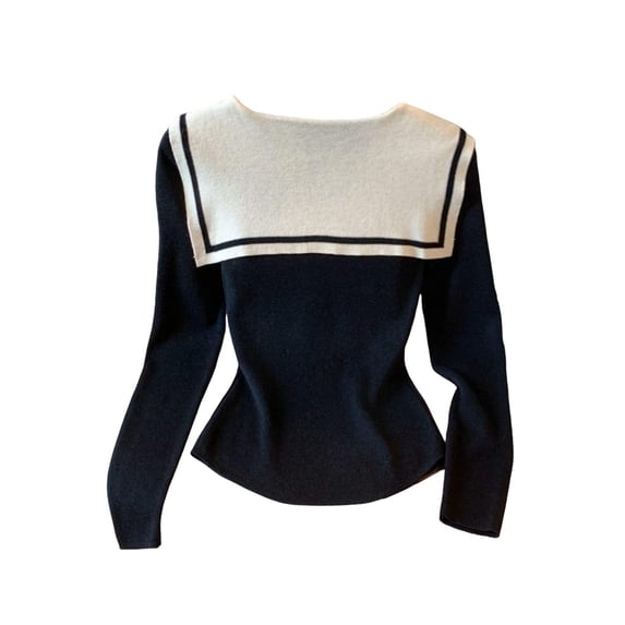 Womens Tops Shirts Plus Size Navy Collar Knit Sweater Fashion Preppy Yarn Pullover Detachable Cape Tees Blouses Black