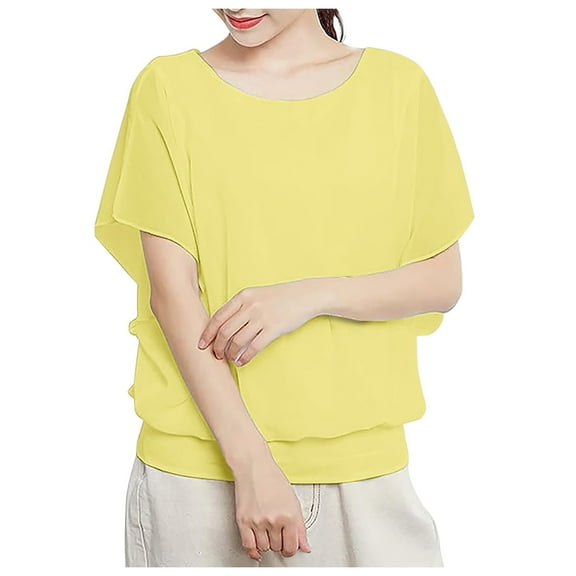 Womens Tops Shirts Short Sleeved Loose Fitting Chiffon Women Tees Blouses Yellow L