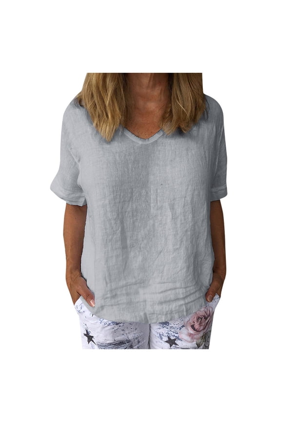 Womens Tops Shirts Solid Color Casual Crewneck Short Sleeves Plain Tees Blouses Grey 2XL