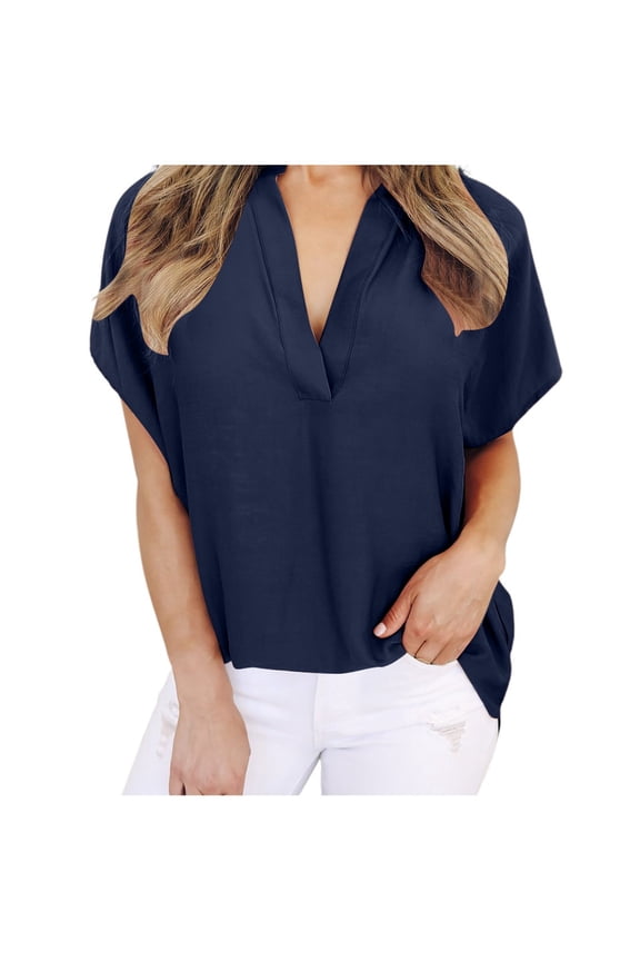Womens Tops Shirts Solid Color Chiffon Deep V Short Sleeved Plain Tees Blouses Dark Blue S