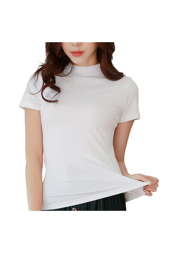 Womens Tops Shirts Solid Color Crew Neck Short Sleeve Double Lined Slim Fit Basic Cloud Pro Collection Plain Tees Blouses White L