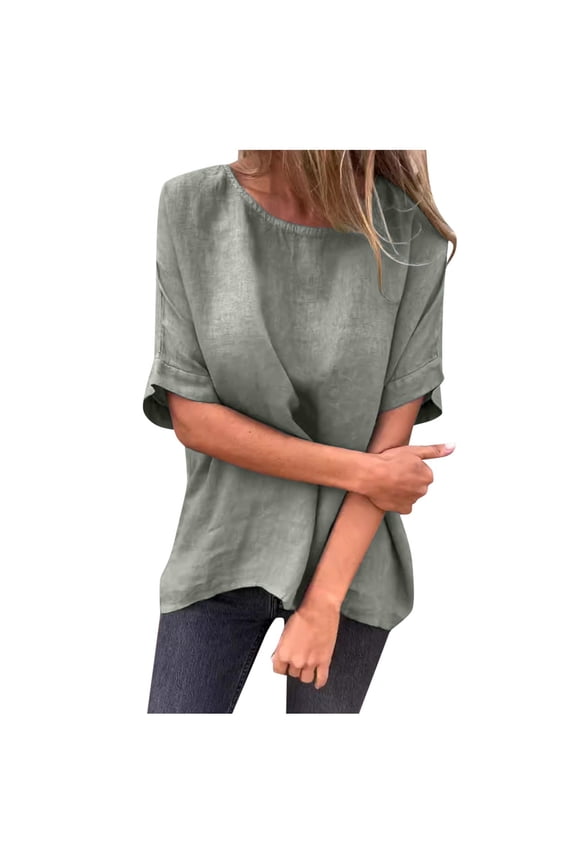 Womens Tops Shirts Solid Color Crewneck Medium Long Sleeve Loose Plain Tees Blouses Green 3XL