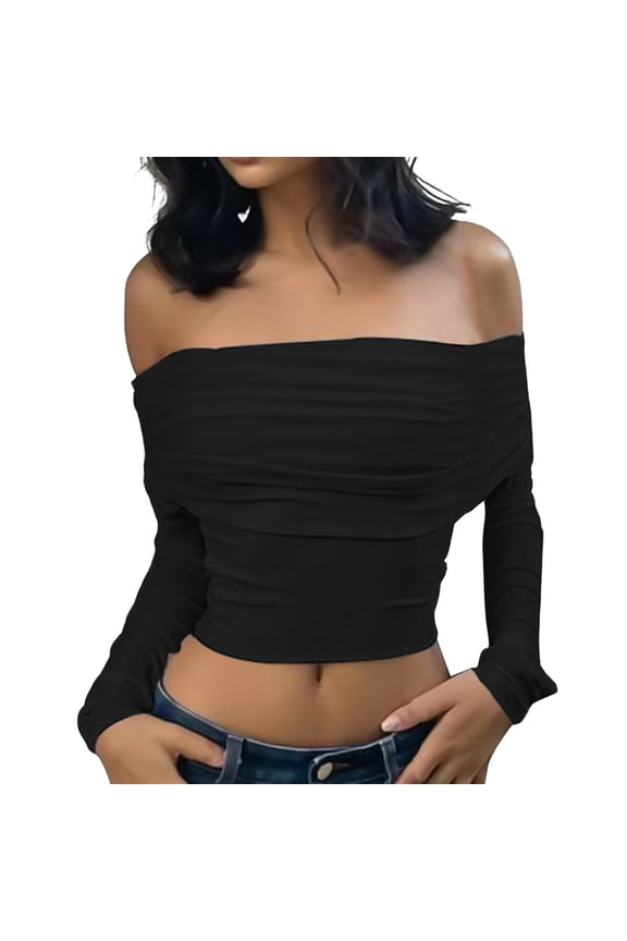 Womens Tops Shirts Solid Color Fashion One Shoulder Simple Slim Long Sleeved Plain Tees Blouses Black M