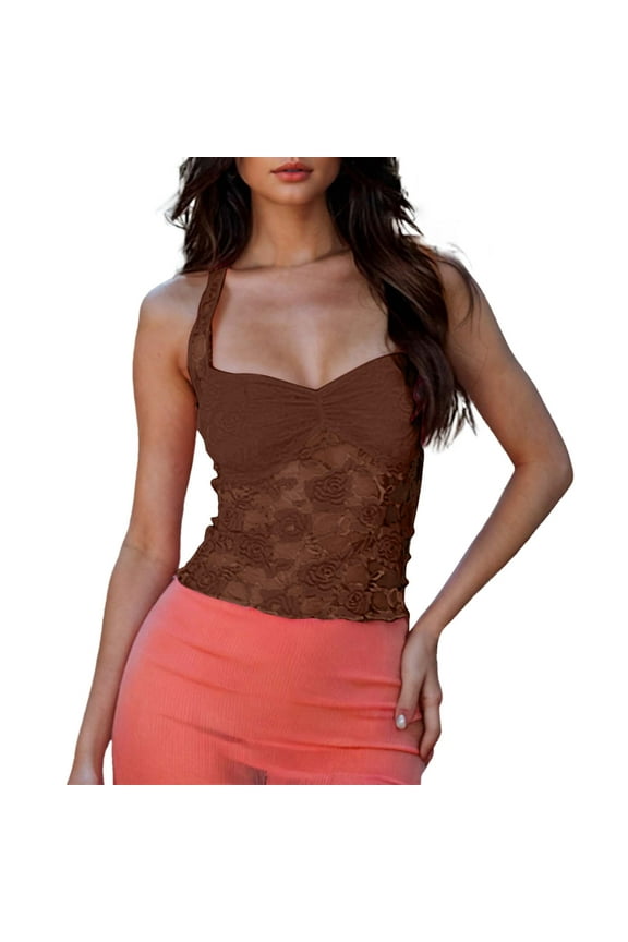 Womens Tops Shirts Solid Color Lace Neck Crop See Through Going Out Cute Backless Sheer Tank Mesh Plain Tees Blouses Coffee S