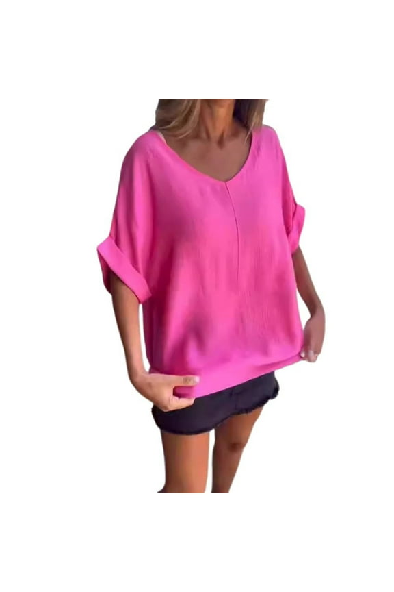 Womens Tops Shirts Solid Color Large V Neck Loose Eighths Sleeve Pullover Plain Tees Blouses Hot Pink M